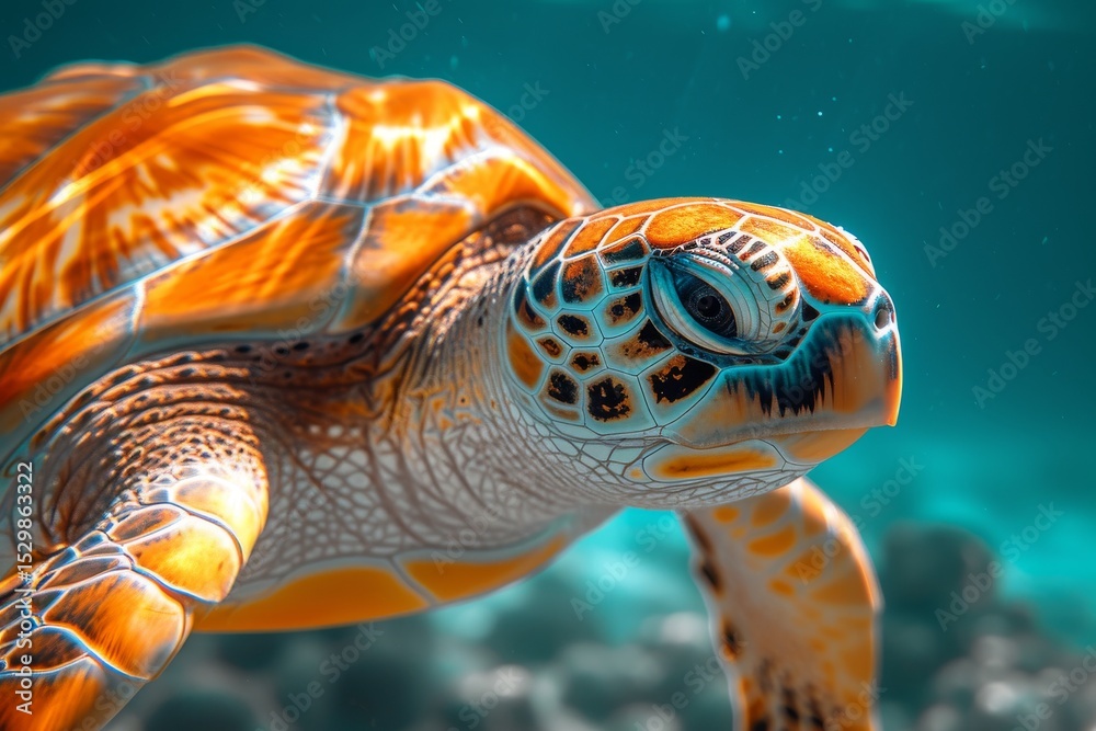 Fototapeta premium A stunning close-up of a vibrant sea turtle swimming gracefully in crystal-clear waters reflects the beauty of marine life and the underwater ecosystem.