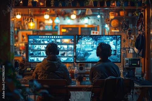 Wallpaper Mural Two individuals closely monitor security footage on dual screens in a cozy workspace, reflecting modern life’s reliance on technology for safety and vigilance in urban environments. Torontodigital.ca