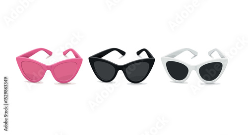 Set of three stylish cat-eye sunglasses in pink black and white vector illustration