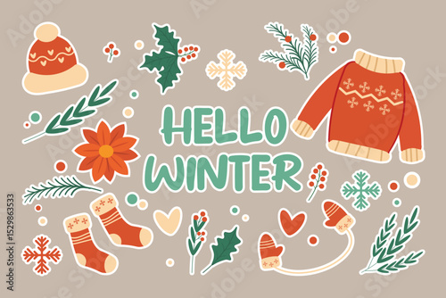 Craft style vector set Christmas elements Fir branches Holly twig Snowflakes Sweater Mittens Socks Hat Hand-drawn festive collection for winter holiday designs. Hello winter Sticker collection