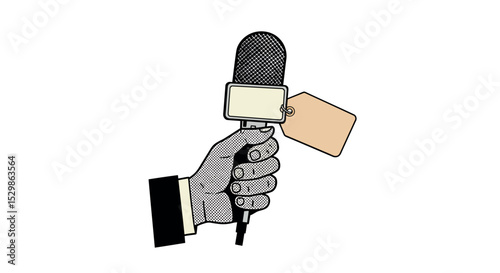 Hand holding vintage microphone with price tag vector illustration