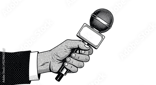 Hand holding microphone pop art style black and white graphic illustration vector illustration