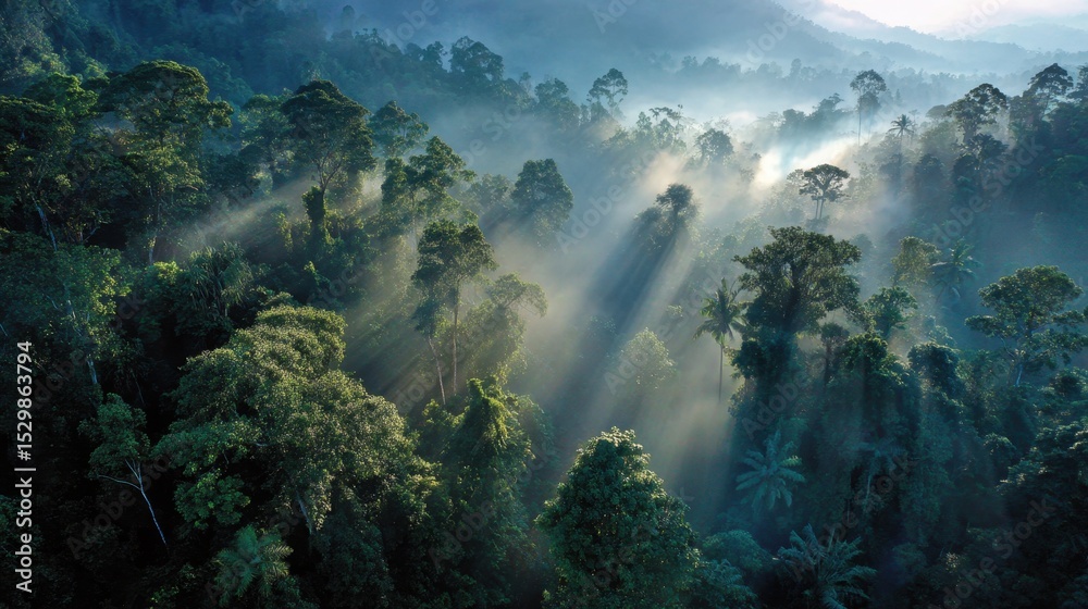 Fototapeta premium Sunlight Breaking Through Tropical Rainforest Canopy 