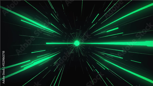 green neon light streaks radiating from the center on a dark background, evoking themes of technology, big data, and bots.