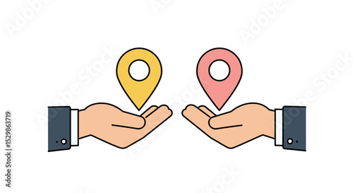 Illustrated hands holding yellow and pink map markers for navigation concept vector illustration