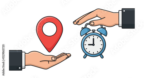 Time management and location efficiency concept with alarm clock and map pin vector illustration