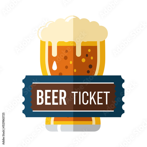 Beer ticket with frothy beer illustration on white background  
