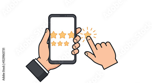 Hands giving five stars on smartphone for online feedback and rating vector illustration