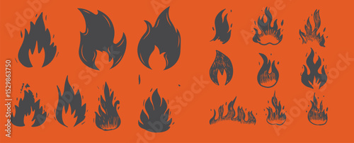 Set of hand-drawn flame icons in rustic red, perfect for digital design and print projects.