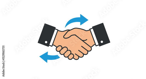 Business agreement concept: handshake with blue arrows symbolizing cooperation vector illustration