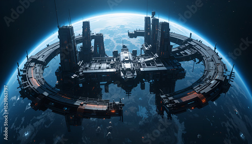 > Massive orbital space station circling Earth, realistic lighting, high-tech design, Earth’s blue glow in background, sci-fi epic scale, ultra-detailed – stock-friendly cinematic scene