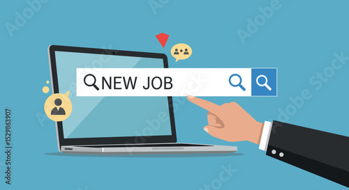 Businessman's hand searching new job online on laptop screen with icons vector illustration