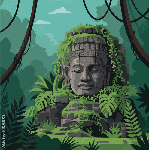 Ancient stone face statue overgrown with green tropical plants in jungle environment vector illustration 