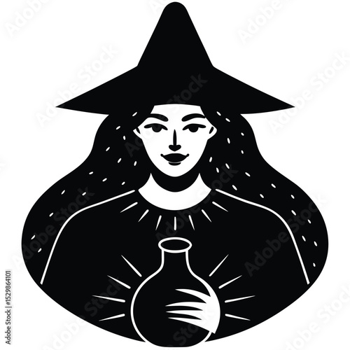 Black and white illustration of a witch holding a potion bottle with long flowing hair