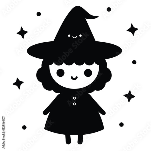 Adorable cartoon witch character wearing a pointy hat with stars and polka dots in black and white