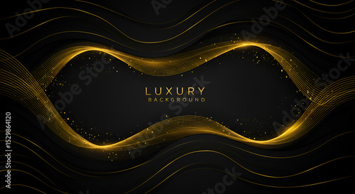 Elegant black background with golden wavy lines and sparkling dust creating luxury design effect