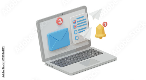 Laptop with notification icons and email checklists on screen vector illustration
