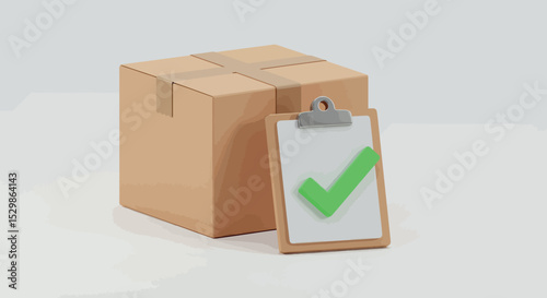 Cardboard box with clipboard and green check mark vector illustration