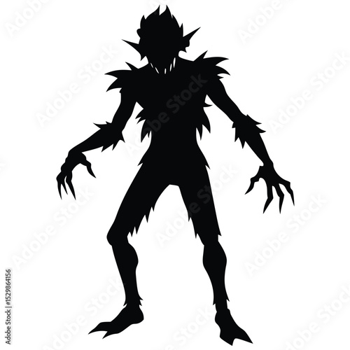 Black silhouette of a terrifying monster creature standing with sharp claws and a menacing expression