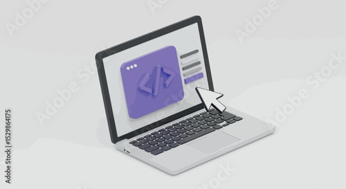 3d laptop with code symbol and cursor on screen vector illustration