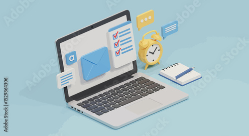 Digital organization: email management and notifications on laptop with clock and notepad vector illustration