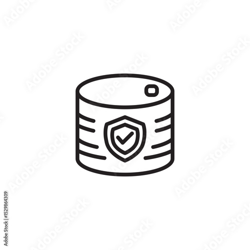 A line icon depicts a sealed tin can with a shield and checkmark, symbolizing secure storage, protected contents, or safe packaging.