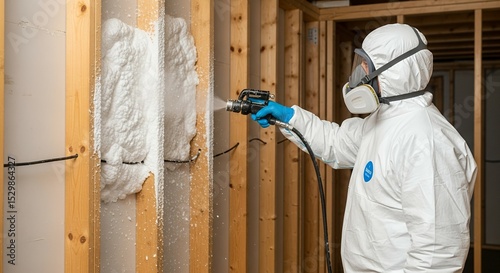 Spray foam insulation professional applying efficient energy saving solution home renovation project