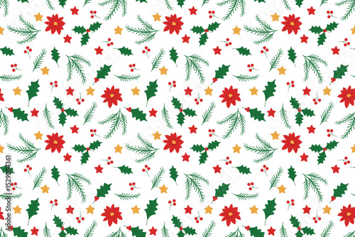 Seamless vector pattern with holly branches, poinsettia flowers, fir twigs, and stars. Elegant festive design perfect for Christmas wrapping paper, textiles, backgrounds, and seasonal decorations.