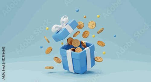 Blue gift box overflowing with gold coins and floating spheres on light blue background vector illustration