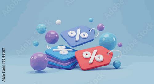 Colorful discount tags and floating spheres on a light blue background vector illustration