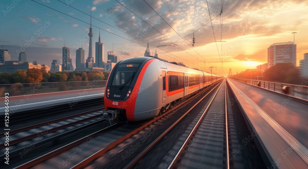 Naklejka premium A modern train speeds along tracks in a dynamic urban landscape, emphasizing transport efficiency, architectural beauty, and the connectivity of city life with energy and movement.