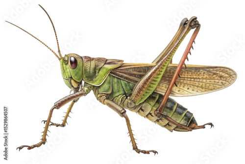 Highly detailed illustration of a vibrant green grasshopper with brown wings and antennae posed against a black background