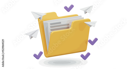 Yellow folder with documents and paper airplanes surrounded by purple checkmarks vector illustration