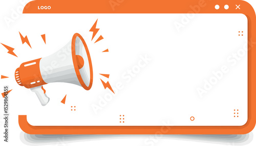 Megaphone announcing message on orange and white digital interface vector illustration