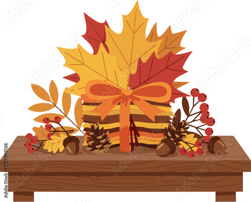 Autumn gift box with fall leaves berries and pine cones on wooden table decoration 