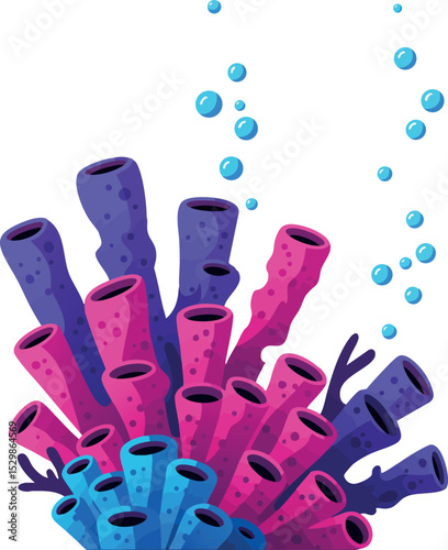 Colorful underwater coral reef tube sponges with rising bubbles vector illustration 