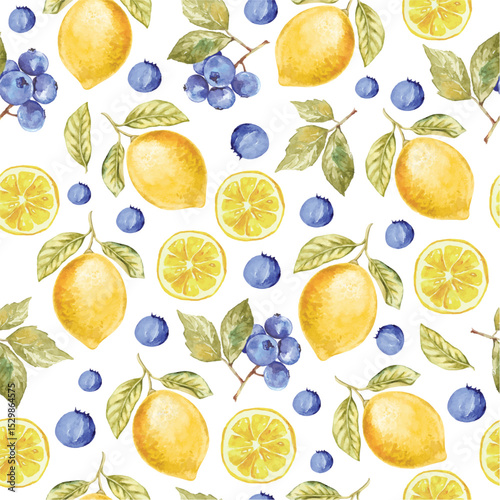 watercolor lemon and blueberry pattern seamless design for textile fabric wallpaper background art print. fresh summer fruit design. vibrant colors and hand drawn elements