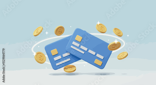 Floating blue credit cards surrounded by golden coins on light blue background vector illustration