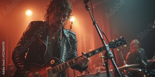 A passionate guitarist performs with intensity on stage, showcasing his skill and love for music against a vibrant backdrop of lights, capturing the essence of live rock performances. photo