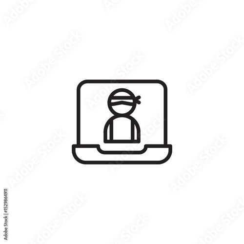 A clean line icon shows a laptop with a masked figure on its screen, symbolizing cybercrime, hacking, online theft, or an anonymous user.