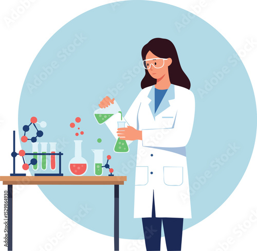 Female scientist conducting chemical experiments in laboratory with glassware and molecular models vector illustration 