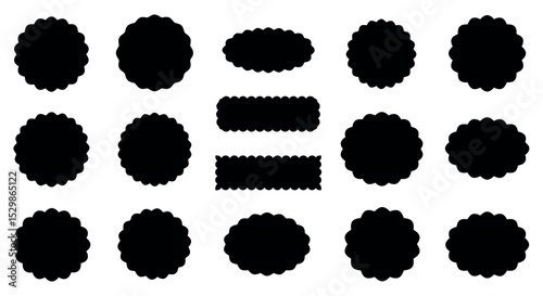 Silhouette collection of scalloped circle and oval shapes on white background vector illustration