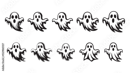 Collection of Halloween-themed vector icons of a spooky ghost with dramatic, flowing lines. The ghost is stylized in black and white