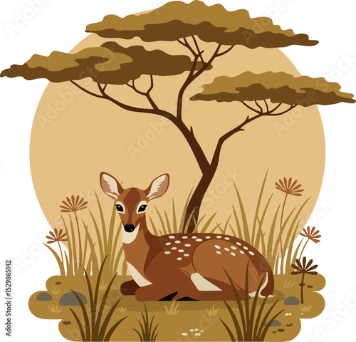 Deer resting under acacia tree with golden sun and brown grass vector illustration 