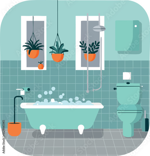 Modern bathroom interior with bathtub and hanging plants in blue and orange tones vector illustration 