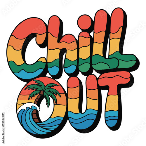 Colorful cartoon flip-flops on the beach, a hand-drawn summer fashion design and icon, t-shirt design, Chill out calligraphy