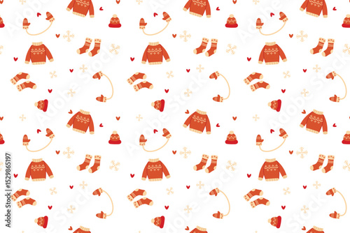 Seamless vector pattern with craft style Christmas elements including snowflakes, sweater, mittens, socks, and winter hat. Cozy hand-drawn design perfect for seasonal wrapping paper fabric, and decor.