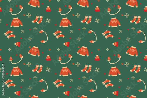 Seamless vector pattern Craft style Christmas elements including snowflakes, sweater, mittens, socks winter hat Cozy hand-drawn design perfect for seasonal wrapping paper fabric  decor Green backgroun