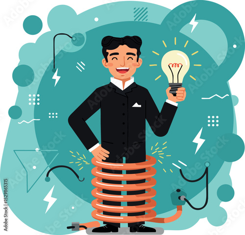 Inventor holding glowing light bulb with coil wire and electricity illustration vector image 