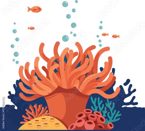 Sea anemone coral reef underwater marine life ecosystem with fish and bubbles vector illustration 